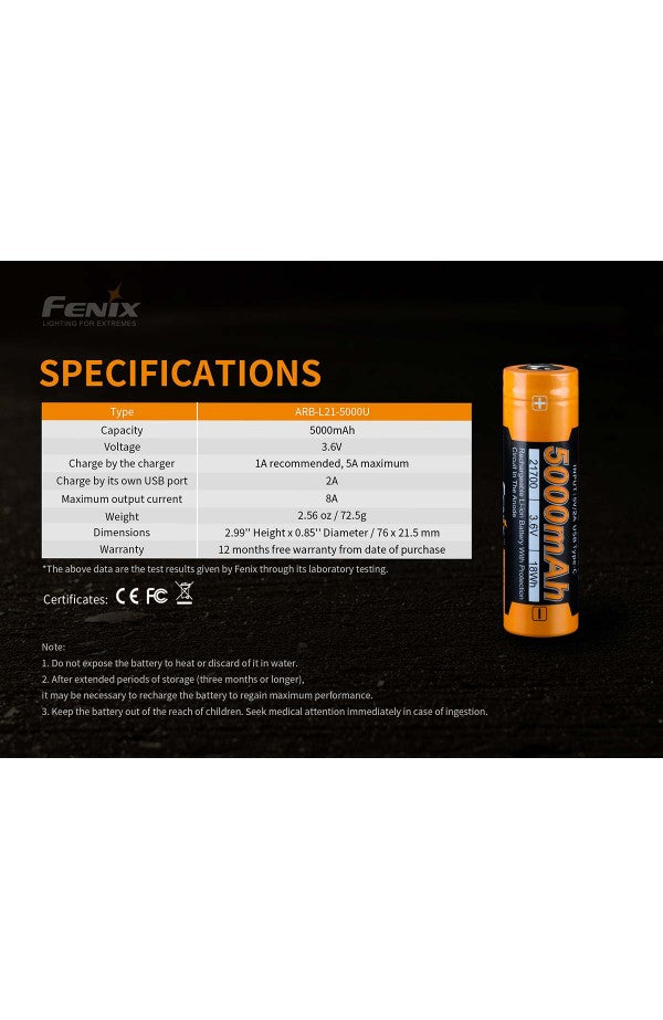 Fenix Rechargeable 5000mAh 21700 Battery