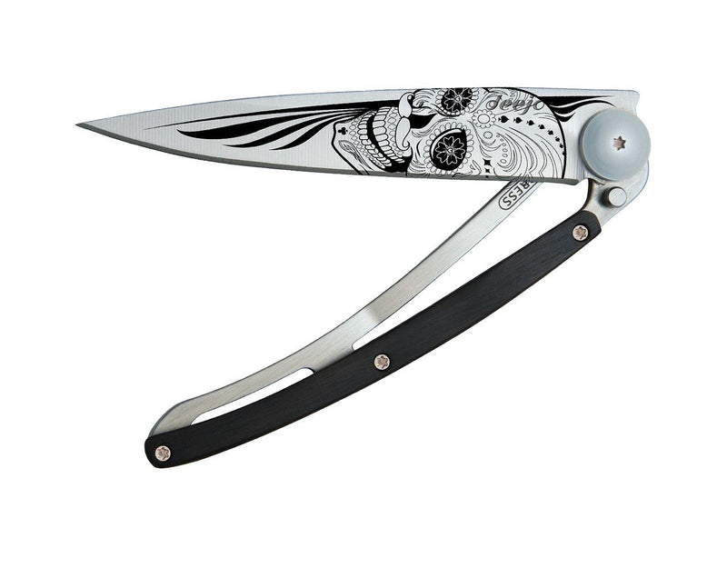 Deejo Tattoo 37g Knife with Ebony Handle, Latino Skull