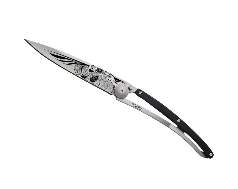 Deejo Tattoo 37g Knife with Ebony Handle, Latino Skull