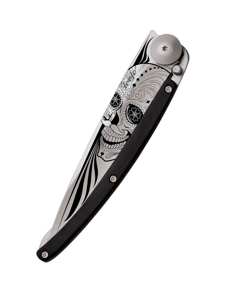 Deejo Tattoo 37g Knife with Ebony Handle, Latino Skull