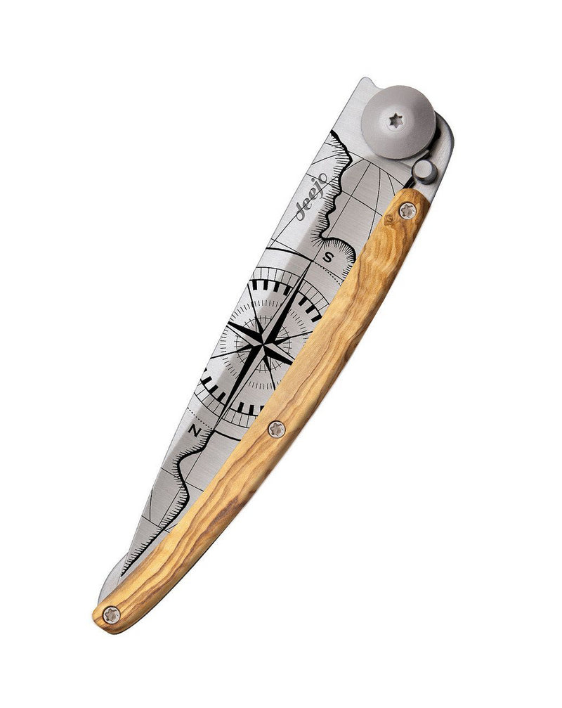 Deejo Tattoo 37g Knife with Olive Wood Handle, Terra Incognita