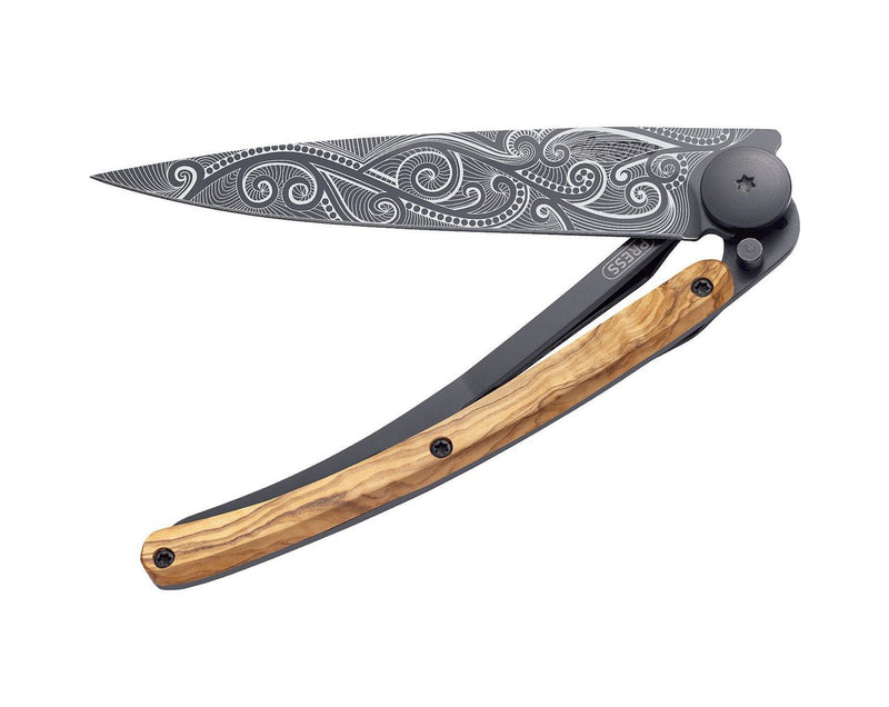 Deejo Black 37g Knife with Olive Wood Handle, Pacific