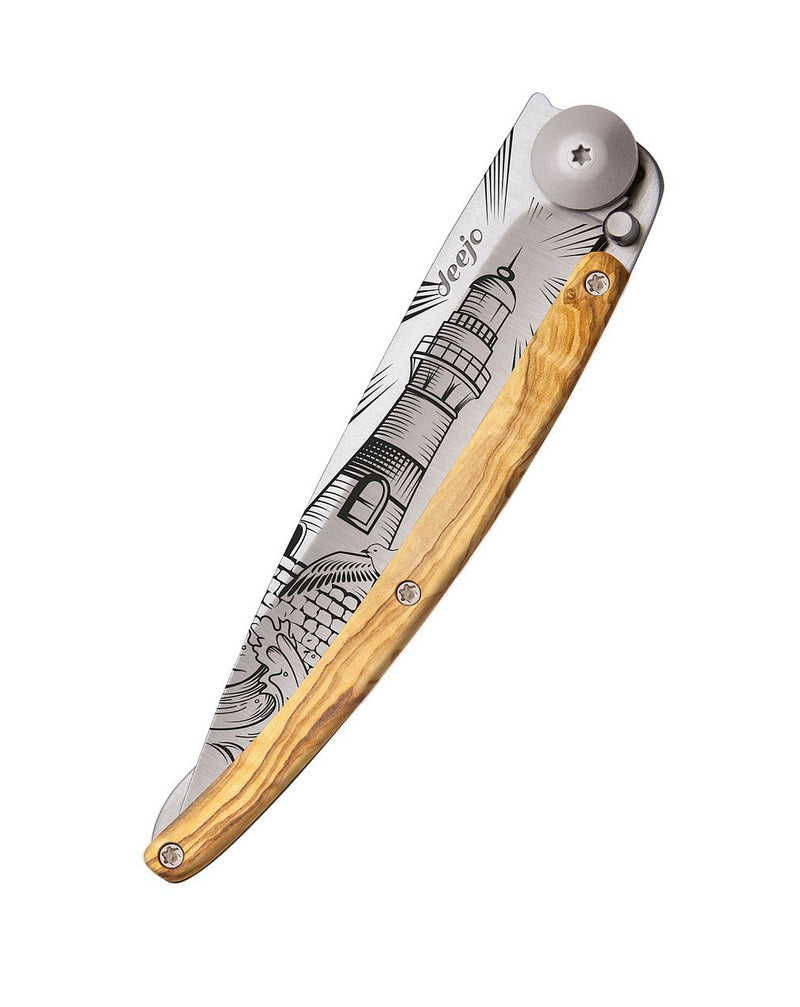 Deejo Tattoo 37g Knife with Olive Wood Handle, Lighthouse