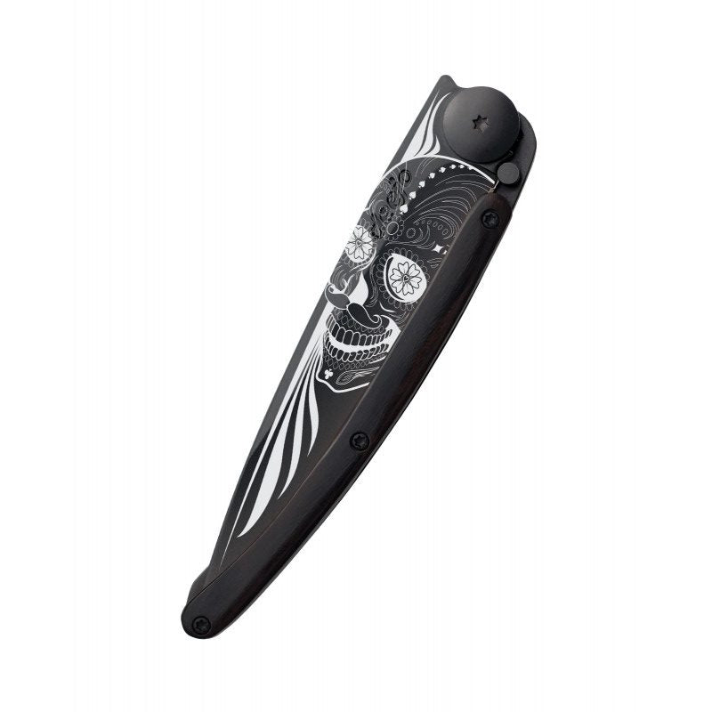 Deejo Black 37g Knife with Ebony Handle, Latino Skull