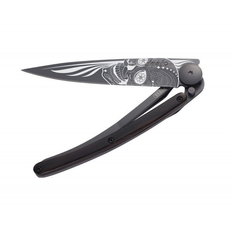 Deejo Black 37g Knife with Ebony Handle, Latino Skull